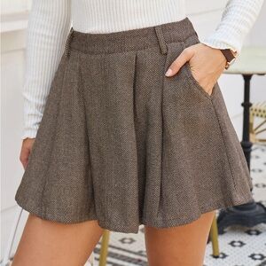 Rihoas Brown Herringbone A-Line Pockets Pleated Mini Skirt
